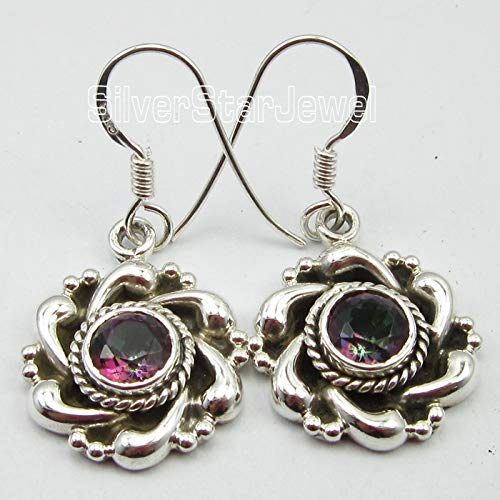 925 Solid Sterling Silver Round Mystic Topaz Earrings 1.3" Fashion Stone2