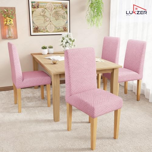 Image of Lukzer Elastic Dining Chair Cover - 2PC Pastel Pink Abstract | Textured High Stretch Jacquard Seat Cover | Removable Washable Short Dining Chair Cover Protector Seat Slipcover | (CC-168-02)