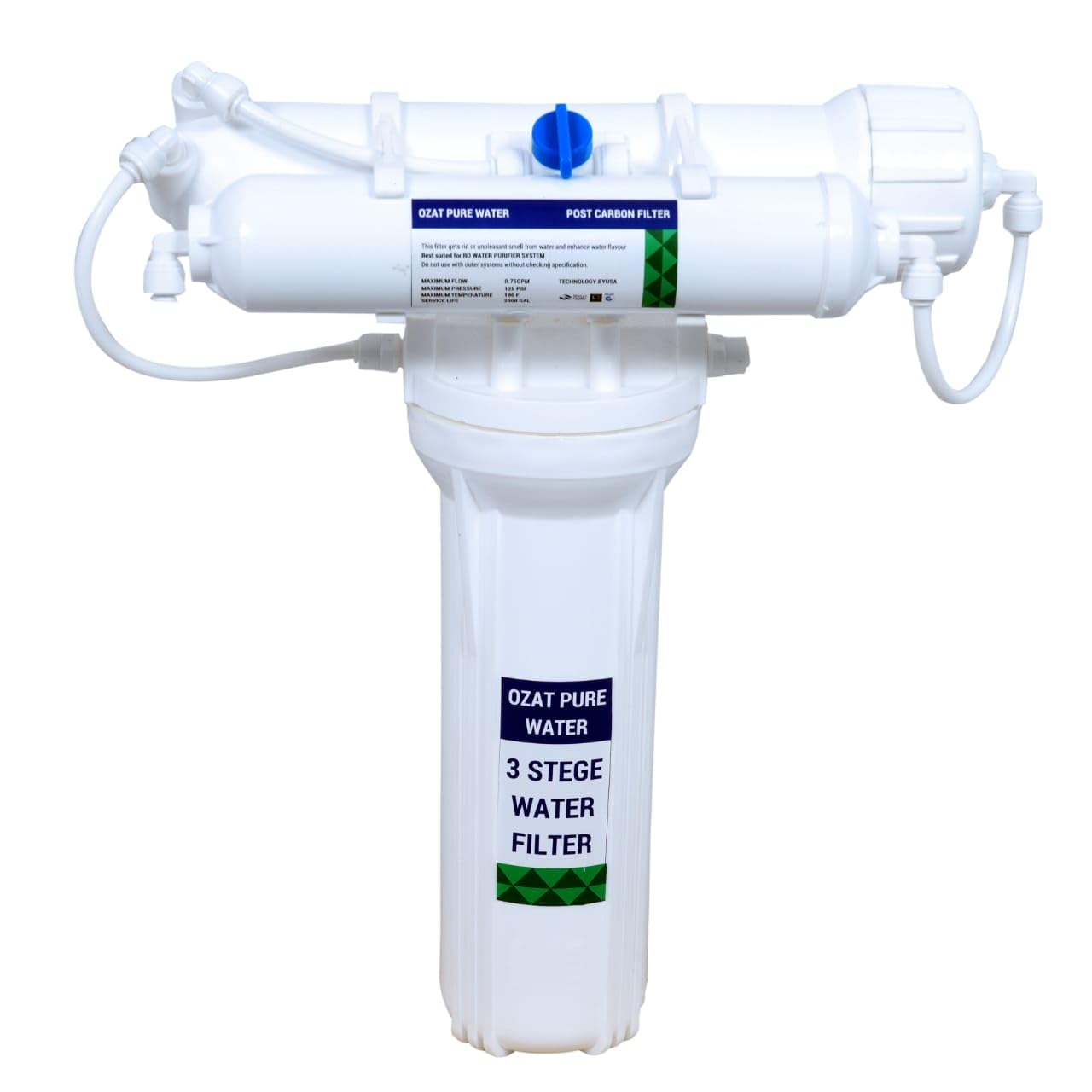 Ozat Pure Water Non-Electric 3-Stage Water Purifier Kit. Stage 1: 5 Micron PP Filter Stage 2: 0.1 Micron UF Membrane Stage 3: 8” Post Carbon Filter No RO, No TDS Reduction