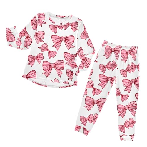Pink Striped Bow Pattern Soft Pajama Set for All Seasons,Breathable Pjs Long Sleeve Sleepwear,Comfy Loungewear 2 Piece Underwear Set 5T