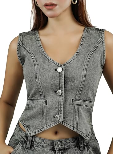 Women’s Cropped Denim Vest – Sleeveless V Neck Jean Jacket Top, Button Down Waistcoat, Y2K Vintage Style