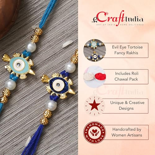 Image of eCraftIndia Set of 2 Good Luck Evil Eye Designer Rakhis, Best Bro Ever Fridge Magnet with Roli Chawal Pack - Rakhis for Brothers