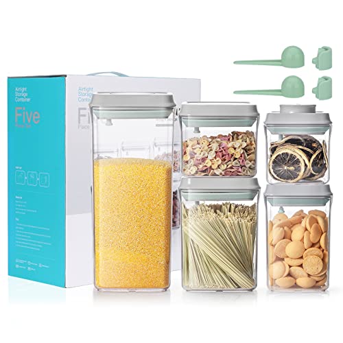 HUGOOME 5 Ensembles One Touch Pop Up Conteneur de Stockage des Aliments Hermétique avec Cuillère Cuisine Garde-Manger Organisation Joint Bidon pour Farine Céréales Pâtes Sucre Albumen Poudre sans BPA Cover