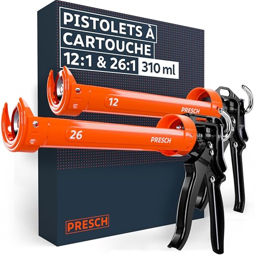 Presch Pistolet silicone Set 26:1 & 12:1 avec arrêt de goutte – Pistolet à cartouche jusqu’à 310ml (acrylique, colles de construction) – Pivotement...
