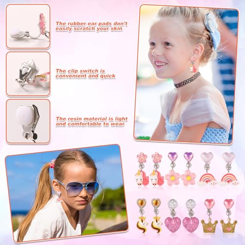 6 Paar Ohrclips zum Anklipsen, Bunte Nicht Durchbohrte Ohrclips aus Kunstharz mit Einhorn Regenbogen Krone Blume und Herz zum Anklipsen von Prinzessinnen Schmuckzubehör