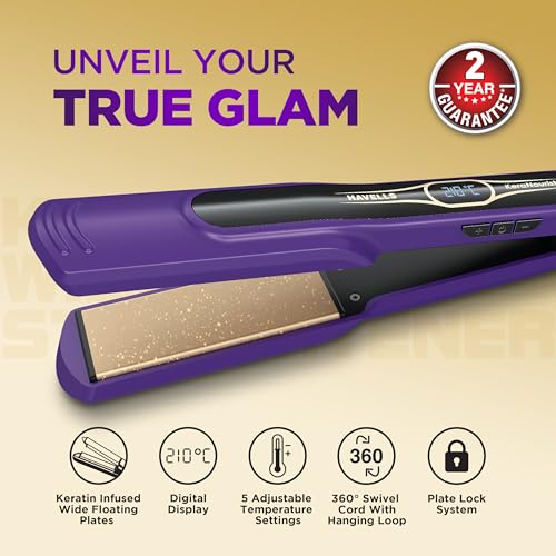 Image of Havells Wide Hair Straightener|KeraNourish| 5 Adjustable Temperature Settings| Digital Display|For All Hair Types|Worldwide Voltage|HS4222