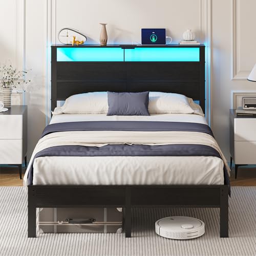Kbun Full Size Metal Bed Frame with Storage Headboard LED Lights and USB Charging Ports Noise Free Platform Bed with Sturdy Slats No Box Spring Needed Easy Assembly
