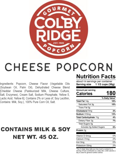 Colby Ridge Cheddar Cheese Gourmet Craft Popped Gluten Free Popcorn Bulk Sized Large Gift Party Bags (Bulk 5 Gal. 80 Cups) (Cheddar Cheese)