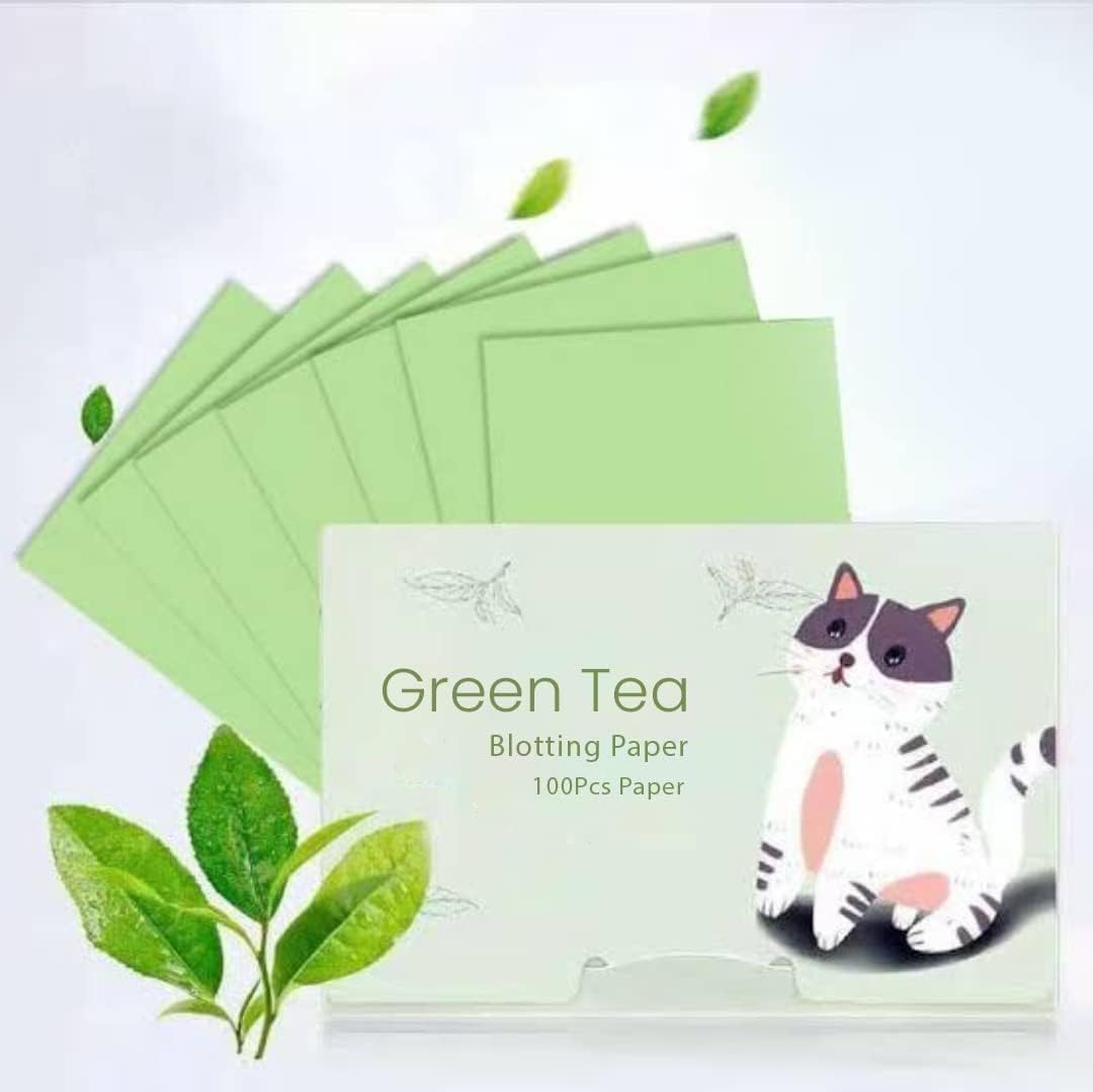 Green Tea Infused Premium Oil Blotting Sheets - 100 Pcs Thick Facial Blotting Papers for Oily Skin, Acne Control, and Makeup-Friendly Shine Control- penser Pack for Women and Men
