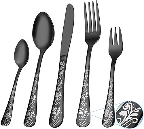 Black Silverware Set, Elegant Life 30-Piece Stainless Steel Flatware Cutlery Set, Knife Fork Spoon Flatware, Mirror Finish, Smooth Edge, Service for 6 (Black)