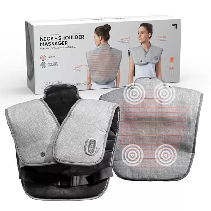 FLOITTUY Electric Heating Pad & Vibrating Massager for Neck Pain ,Cervical Pain and Shoulder Pain Relief | Comfort Adjustable Heat Levels | Relaxation 5 Massage Modes | Muscle Soreness Recovery | Weighted and Universal Fit | Suitable For Men & Women | (Grey)