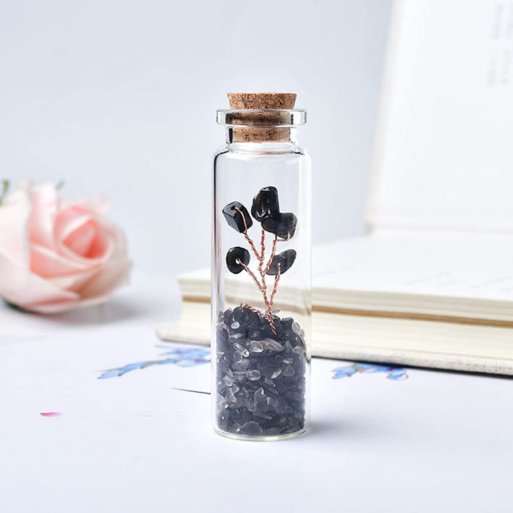 Bouteille de Souhait en Verre et Pierre d'Obsidienne Naturelle Polie