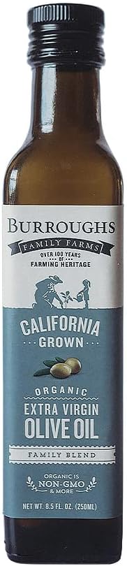 Burroughs Family Farms Organic California Extra Virgin Olive Oil | Cold Pressed Perfection | 100% Pure Olive Oil is Perfect for Cooking, Baking, Grilling, Dipping, and Salads | Naturally Gluten Free, Non-GMO | 250 ml each (Pack of 1)