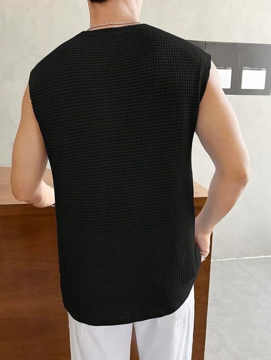 Image of NETCLICK Mens Waffle Tank Tops Sleeveless Round Neck Polycotton Vest, Sando & T-Shirt for Gym, Running and Outdoor