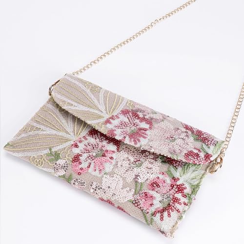 Image of Clutch Purses for Women, Envelope Package, Sequin Embroidered Flowers Straw Bag, Bohemian Handmade Handbags
