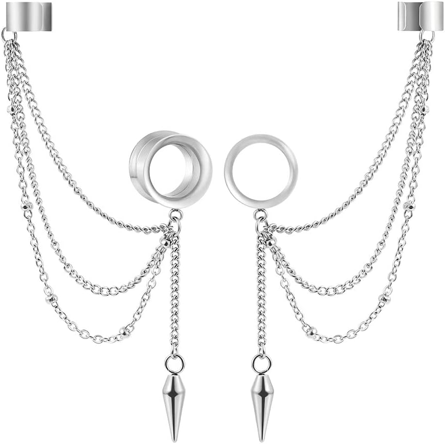 2PCS 6mm-25mm (2G-1") Trendy Cuff Clip Triple Chain Dangle Ear Plugs Gauges Screw Ear Tunnels for Women Men Hypoallergenic 316 Stainless Steel Ear Body Piercing Jewelry