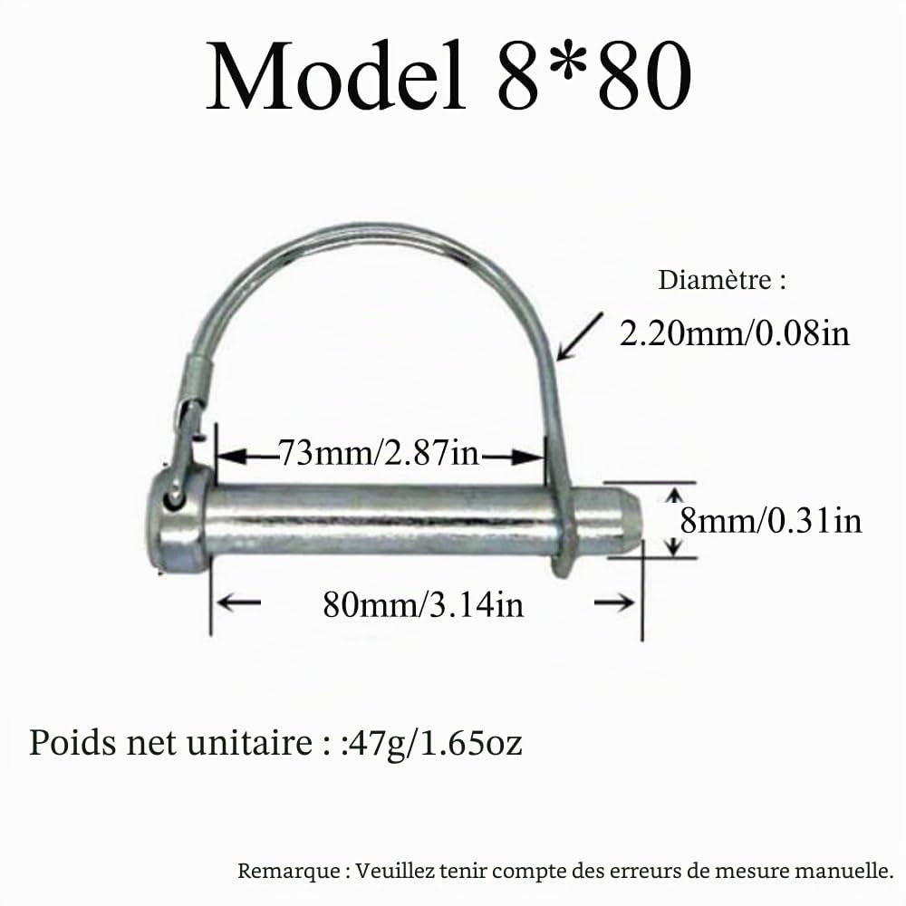 10 Pack de Goupilles de Verrouillage en Fil, Goupilles de Couplage de Sécurité en Forme de D en Acier au Carbone pour Remorque, Goupilles Lynch pour Ferme, Pelouse et Jardin (8 x 80 mm)