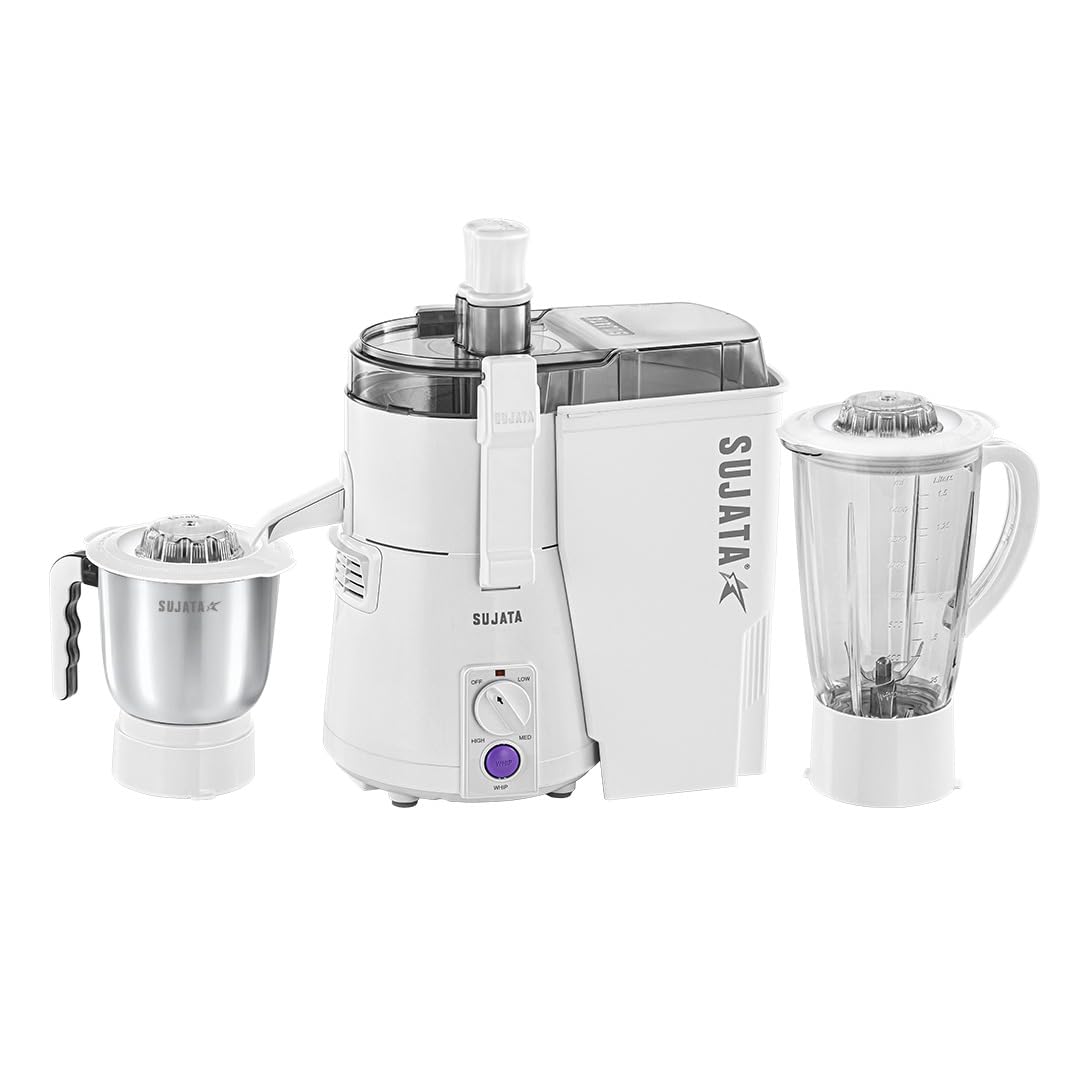 Sujata Powermatic Plus Juicer Mixer Grinder|900 Watts Double Ball Bearing Motor|22000 RPM|Non-Stop 90 Mins Running|2 Jars including 1750ml Blender, 1000ml Grinder Jar| (White)