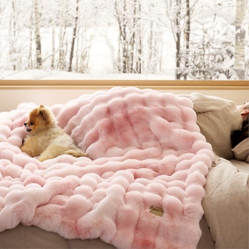 Bedsure GentleSoft Fluffy Pink Bubble Blanket, Fuzzy Soft Faux Fur Throw Blanket for Couch, Faux Fur Decor Gifts for Teenage Girls, Thick Warm Furry Cozy Gifts for Women, Tie-dye Pink, 50x60 Inch