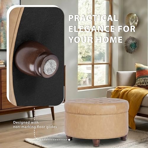 Image of HomePop 25 inch Button Tufted Round Storage Ottoman - Sand Faux Leather