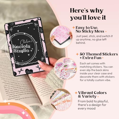 Image of KACIOLA STUDIO 24PCS Pink Bow Skin for E-Reader, and 4PCS Type C Charms for E-Reader with Scrapbook Stickers, 6.9 inchx4.8 inch Skin Front and Back Decal Inserts for Paper White 11th (Pink Bow)