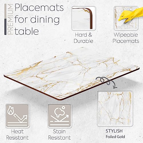 Moderry Set of 4 Heat Resistant Cork Placemats for Dining Table with Free Set of 4 Matching Drink Coasters Marble Design 16 x 12 Inches Cork Backed Hard Placemats (Foiled Gold)
