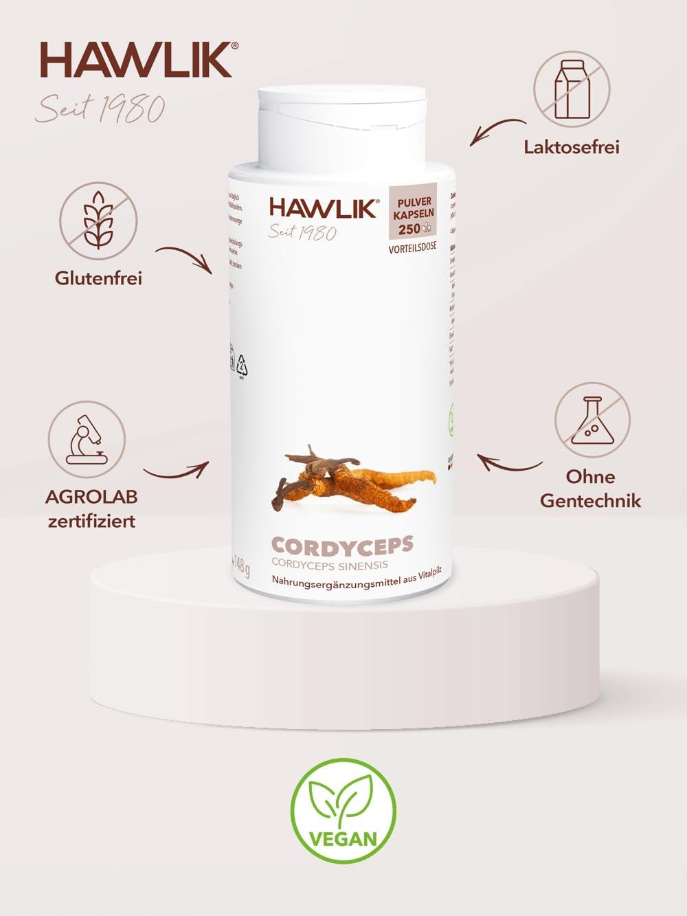 HAWLIK Vitalpilze Cordyceps Sinensis Pulver Kapseln - 250 Kapseln - 500 mg Vitalpilz Pulver - Vegan - Zuckerrohr-Dose