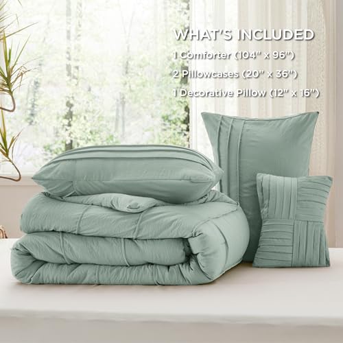Image of Bedsure California King Comforter Set - 4 Pieces Pinch Pleat Bed Set, Sage Green Boho Bedding for All Season, 1 Soft Comforter, 2 Pillowcases, 1 Decorative Pillow