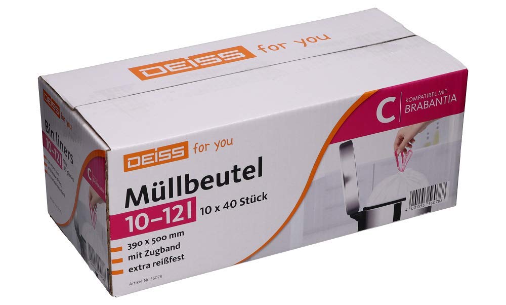 DEISS 10-12 Litre Bin Liners for Brabantia Touch Bin (Size C) Box of 400.