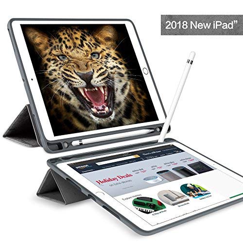 JUQITECH Trifold Smart Case 9.7 Inches with Pencil Holder for iPad Pro 9.7 iPad 2018 6th Gen 2017 5th Gen iPad Air 2/1, Auto Sleep/Wake Microfiber Lining Flexible Soft TPU Back Cover Case, Gray