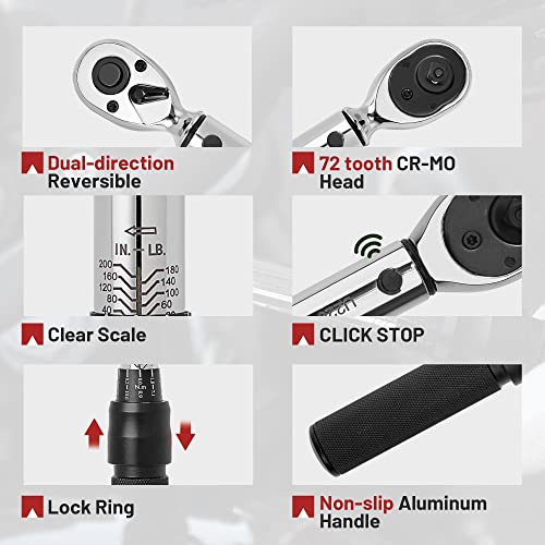 Uyecove 1/4 Inch Drive Torque Wrench 20-200In.lb, 13Pcs Bike Torque Wrench Set, Bicycle Maintenance Tool Kit For Mtb Mountain Road, With Allen Hex, Torx Sockets, Extension Bar, Storage Case, Black #TOP4