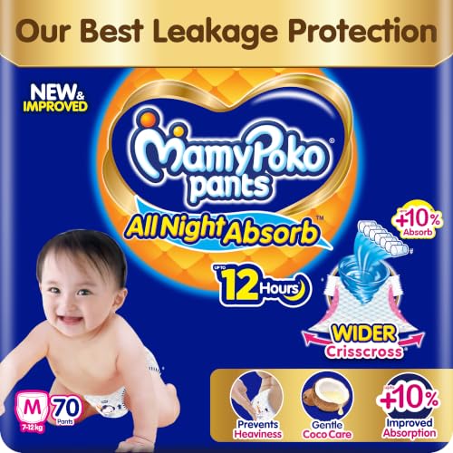 Image of New Mamypoko Pants Premium All Night Absorb| Pant Style Baby Diapers Medium Size(M), 70 Count, Ideal for 7-12Kgs|1 Diaper= Upto All Night Absorption now with 10% increased power|Wider Crisscross Sheet|Gentle Coco Care| 12hr Leakage Protection| Prevents Heaviness.