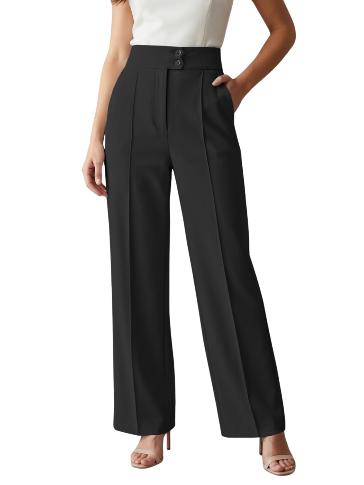 Korean Style Trousers | High Waist Wide Leg Formal Pants | Ankle Length Stretchable Office Wear | Button Closure Straight Fit | Regular Fit Pants for Women-image-22