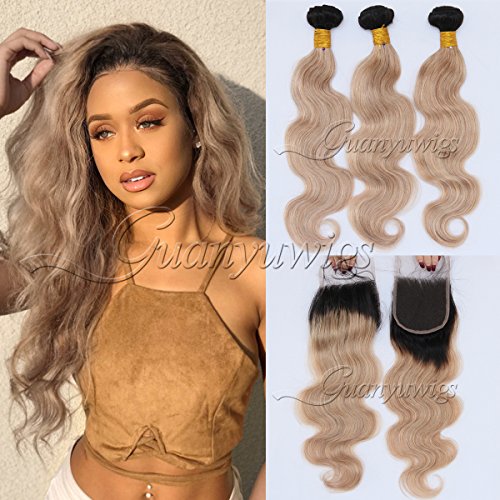 Guanyuwigs 8A Brazilian Body Wave Remy Virgin Human Hair Extensions 3 Bundles with 4x4 Lace Closure Ombre #1B/27 Honey Blonde (18+20 22 24)