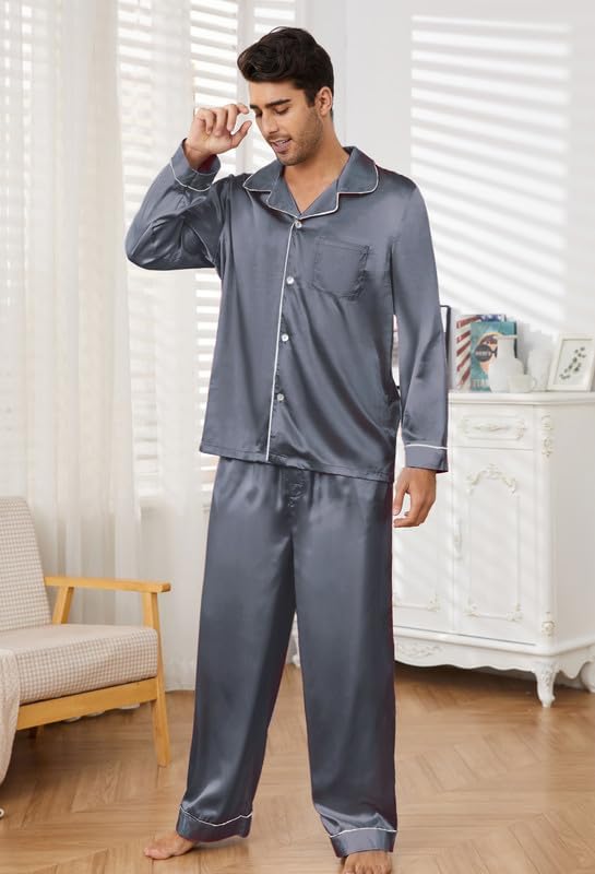 Image of U2SKIIN Mens Silk Pajamas Set, Long Sleeve Satin Pajamas for Men Sleepwear Button Down Pjs Set Two-piece