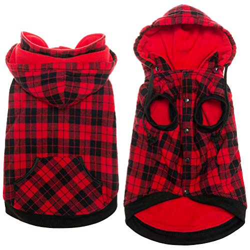 Plaid Dog Sweater Winter Clothes - Warm Fleece Dog Hoodie Cold Weather Coats Windproof Pet Jackets with Detchable Hat and Pocket for Medium Large Dogs