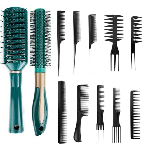 Styling Kamm und Bürstenset, 12 Stück Multifunktionaler Männer Styling Set, Haarkamm, Rundbürste, Kamm Grobzinkig für Föhnen, Glätten, Entwirren Männer und Frauen
