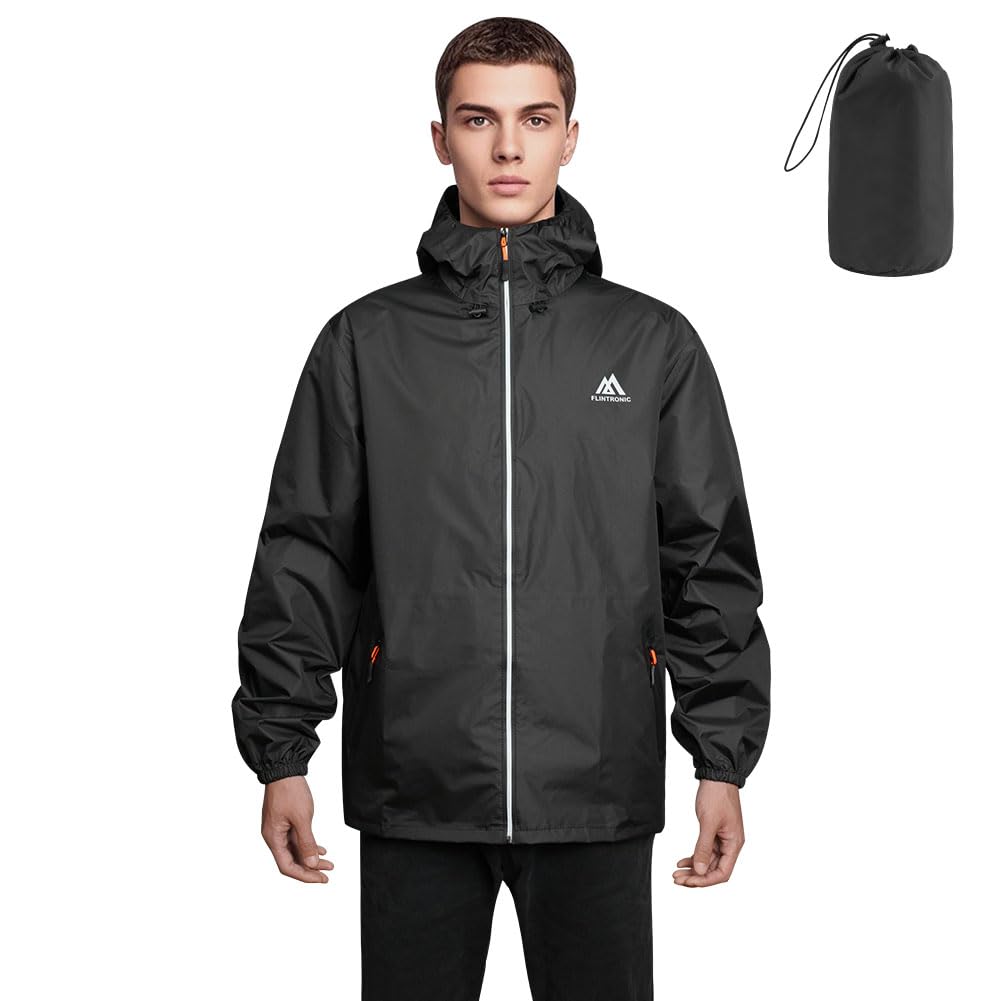flintronic Chubasquero Hombre Impermeable, Chaqueta Ligera Cortavientos Running Hombre, con Capucha, Cremallera, Bandas Reflectantes, Cortavientos Transpirable Chubasquero Moto con Bolsillos