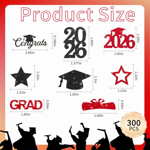 Image of 300Pcs Red and Black Graduation Table Confetti with Caps 2026,Congrats Grad Confetti 2026 Decorations, Perfect for 2026 Graduation Party Decor, Class Of 2026 Celebration Supplies