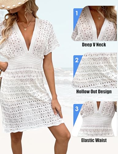 Desol Damen Beachdress Weiß S Aushöhlen Häkelkleid Strandkleid Sommer V-Ausschnitt Strandponcho Beachwear Damen Strandurlaub