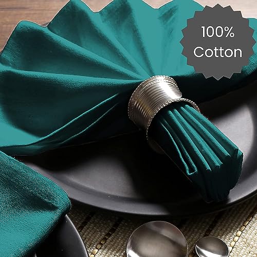Image of Cotton Mercerised Dining Table Napkins, Set of 4, Solid Plain Colour, Heavy Weight,More Than 2 cm Mitered Hem,Washable at 40C (Green, 45 X 45 Cms)