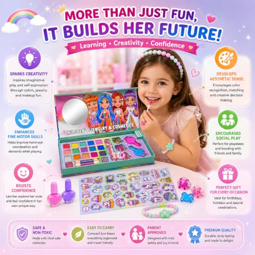 Image of PLUSPOINT Kids Makeup Kit for Girl, Washable Makeup Set for Girls, Real Makeup for Kids, Girl Toys Princess Children Play Makeup Kit with Lights and Accessories Gifts for Girls Age 4+Year Old Kids