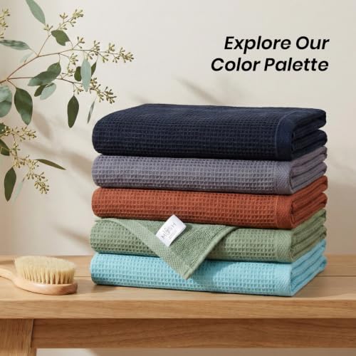 Image of Mush Bamboo Dual Texture Waffle Terry Bath Towel Set of 2 | 500 GSM Ultra Soft, Highly Absorbent, Quick Dry Towels | Large Towels for Bath, Gym, Spa | Misty Blue & Olive Green (70x140 cm)