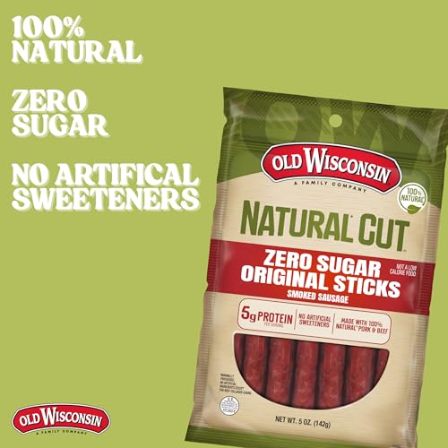Image of Old Wisconsin Natural Cut Original Sausage Snack Sticks, Zero Sugar, Naturally Smoked,Ready to Eat,High Protein,Low Carb,Keto,Gluten Free,No Artificial Preservatives or Nitrates, 5 Ounce (Pack of 10)