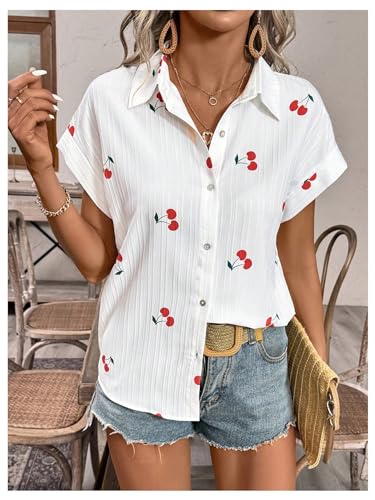 SweatyRocks Women's Cherry Print Short Sleeve Blouse Collar Button Down Textured Casual Shirts3