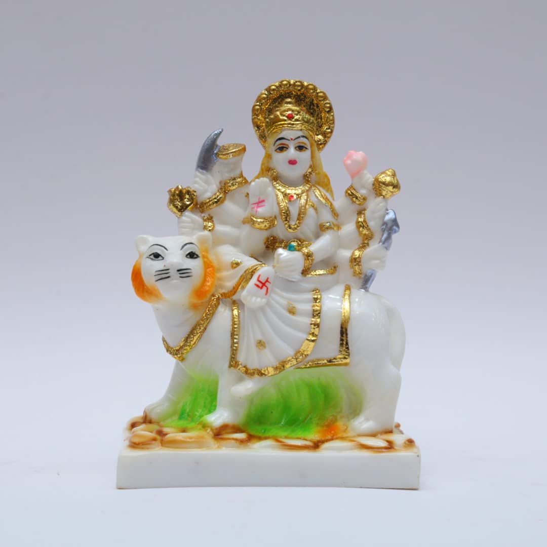Gold Plated Durga Maa Idol Sherawali MATA Devi Murti Marble for Home Temple Pooja Room Office Table Decoration & Gift- 5.5 Inch