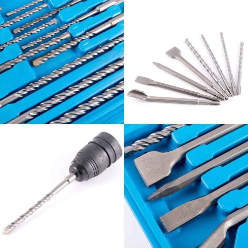 Tonchean Rotary Hammer Drill Bits Set 17 Pcs Sds Plus 40Cr Carbon Steel Concrete Masonry Chisel Set With Storage Carrying Case - 4 Flutes Drill Bit Carbide Tipped For Brick, Stone And Concrete #TOP1