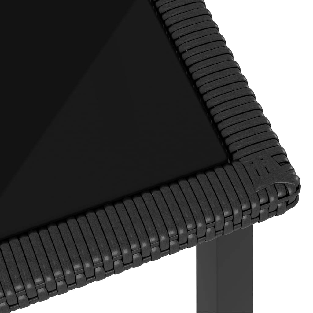 Mesa de comedor de jardín negra de 70 x 70 x 73 cm, polirratán con tapa de cristal templado, estructura de acero resistente, ideal para terraza, balcón y jardín