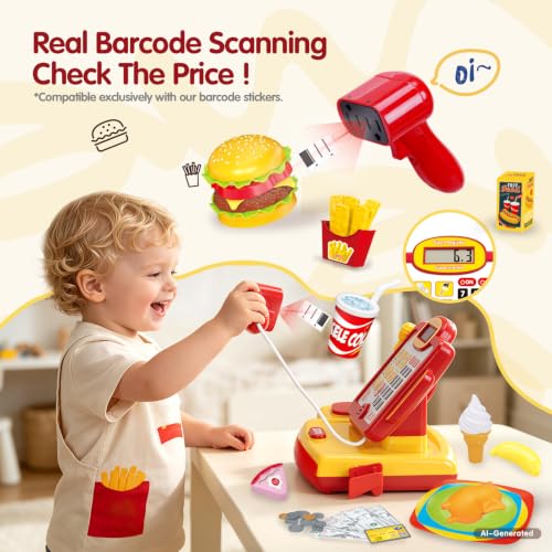 Image of FS Toy Cash Register for Kids with Scanner & Play Money, Working Calculator & Microphone, 79 PCS Supermarket Role Play Set, Educational Math Learning Toy for Boys & Girls Ages 3-8