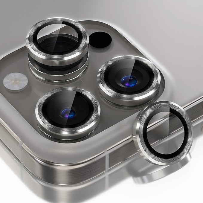Image of PACK OF 2 Titanium Camera Lens Protector for iPhone 16 Pro / 16 Pro Max / 15 Pro / 15 Pro Max GREY 9H Tempered Glass, Scratch & Drop Resistant Camera Guard, HD Clear, Case Friendly Waterproof Camera Lens Cover